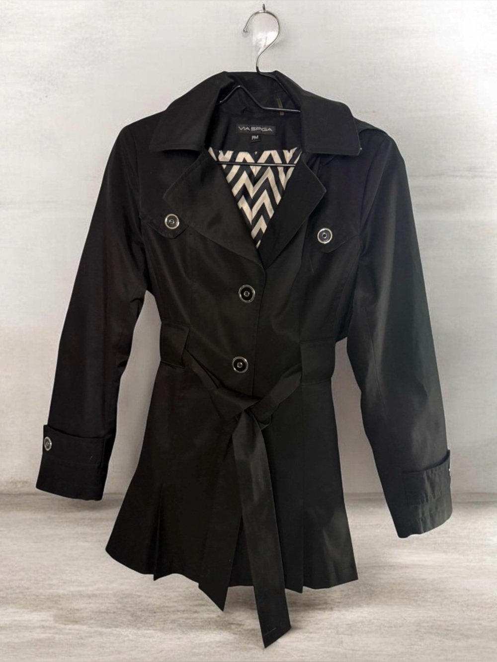 Via Spiga Women’s Trench Coat Black Water Resistant Posh Rain Jacket Petite Med